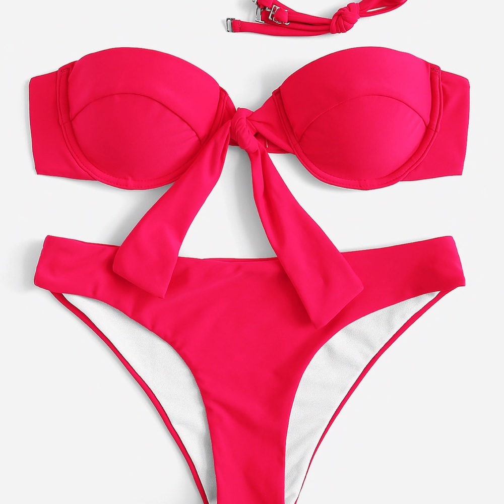 Magenta Strapless Front Tie Bikini Set
